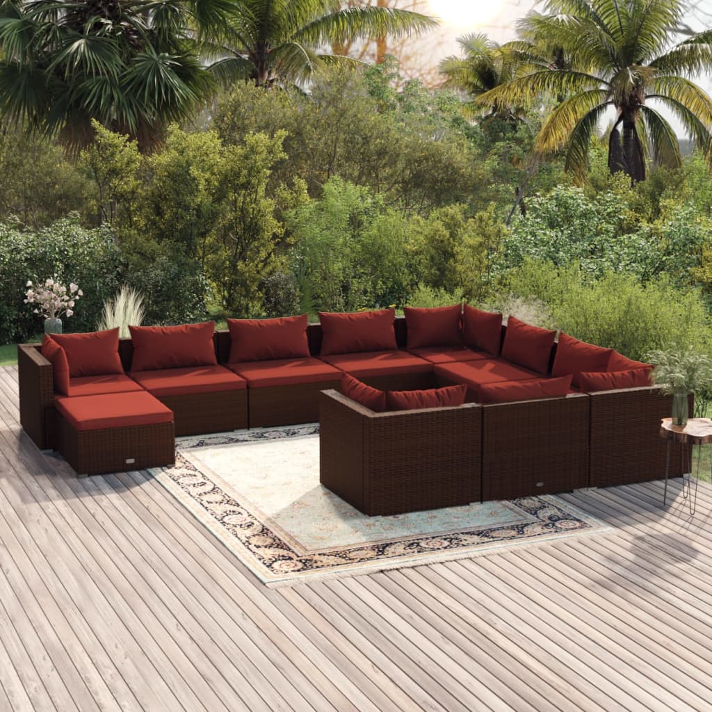 11-delige Loungeset met kussens poly rattan bruin – afbeelding 1