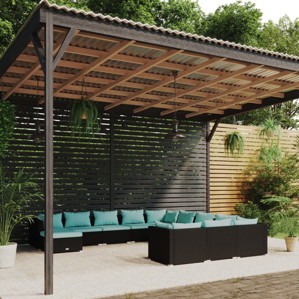 12-delige Loungeset met kussens poly rattan zwart – afbeelding 1