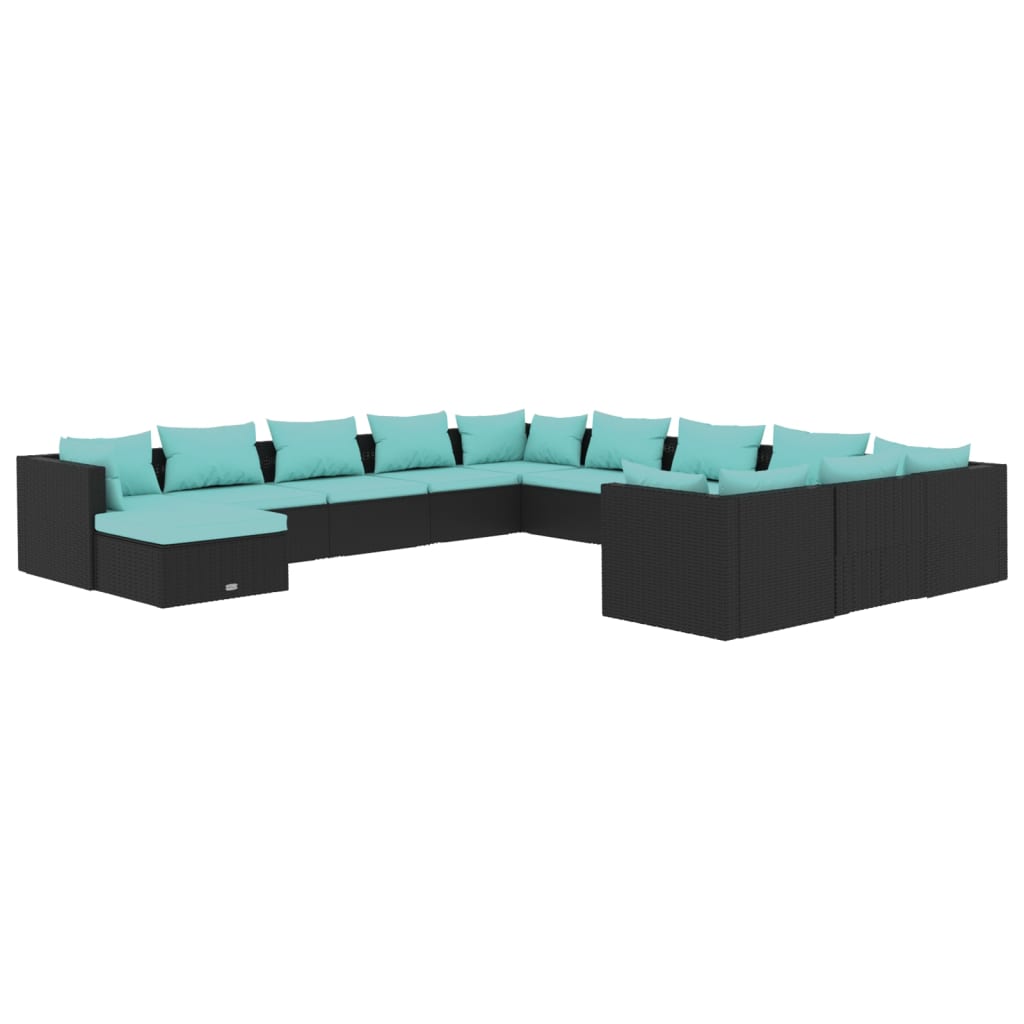 12-delige Loungeset met kussens poly rattan zwart – afbeelding 2