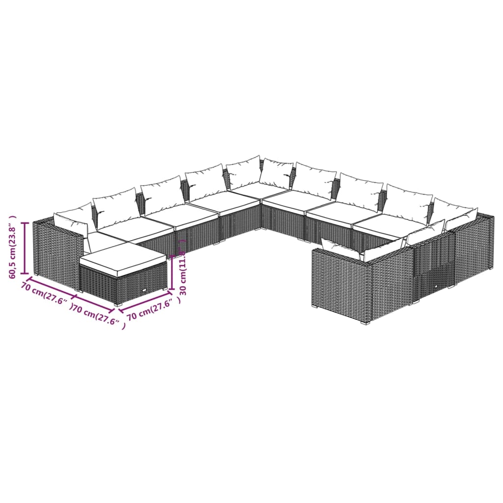 12-delige Loungeset met kussens poly rattan zwart – afbeelding 9