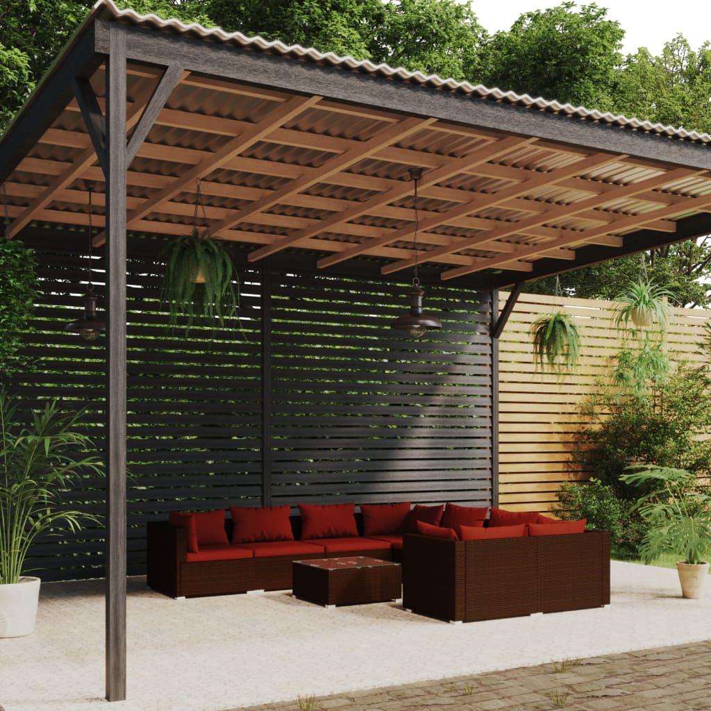 9-delige Loungeset met kussens poly rattan bruin – afbeelding 1
