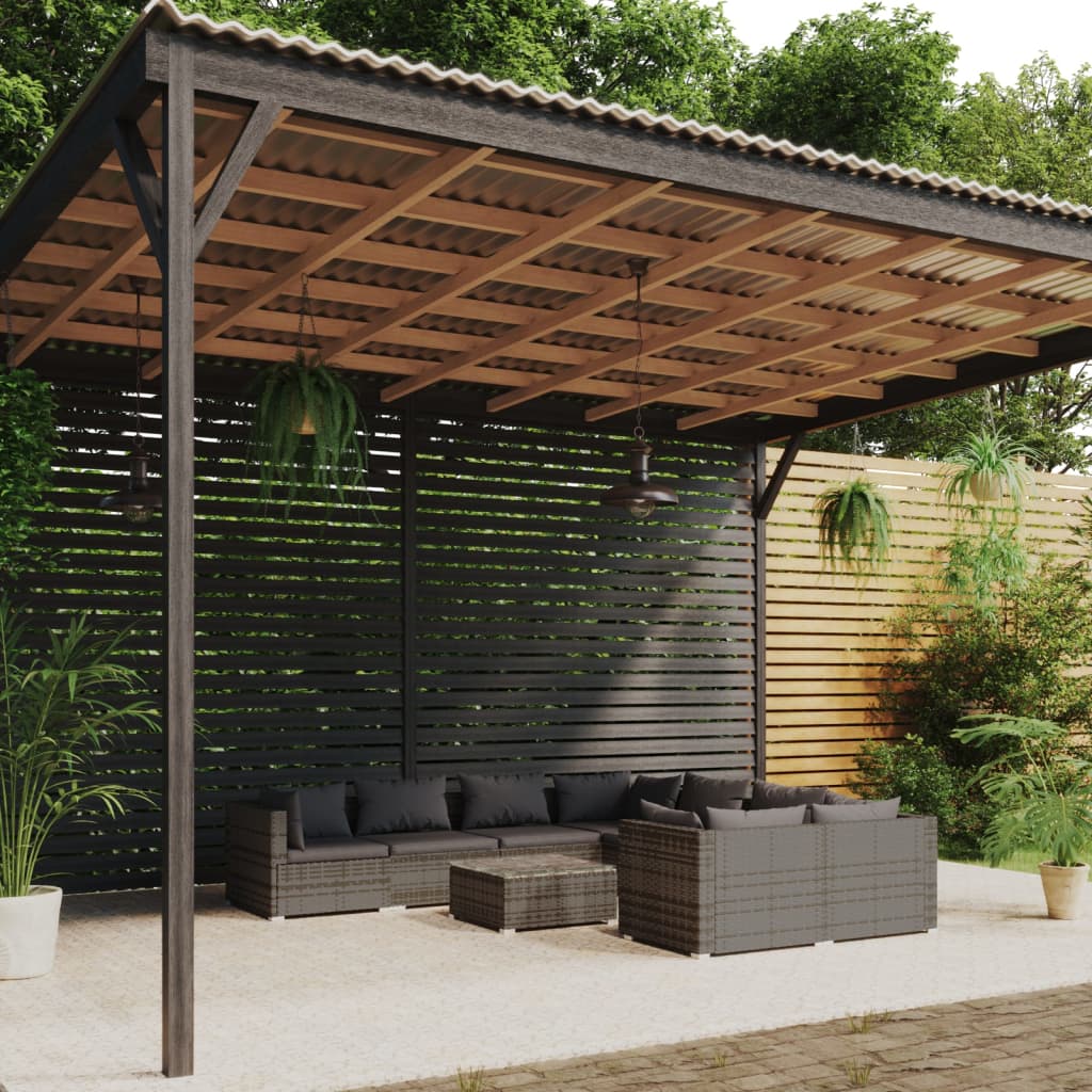 9-delige Loungeset met kussens poly rattan grijs – afbeelding 1