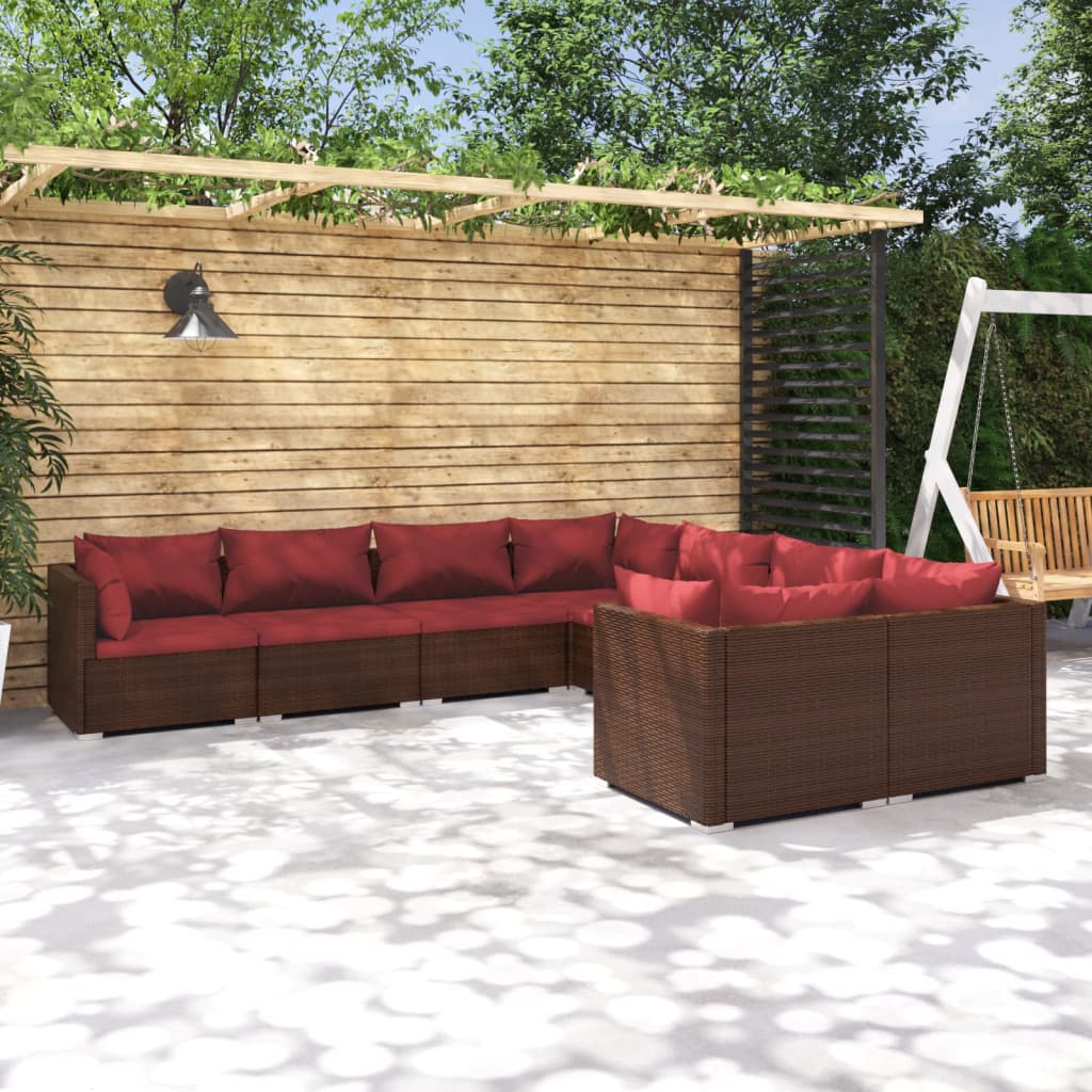 8-delige Loungeset met kussens poly rattan bruin – afbeelding 1