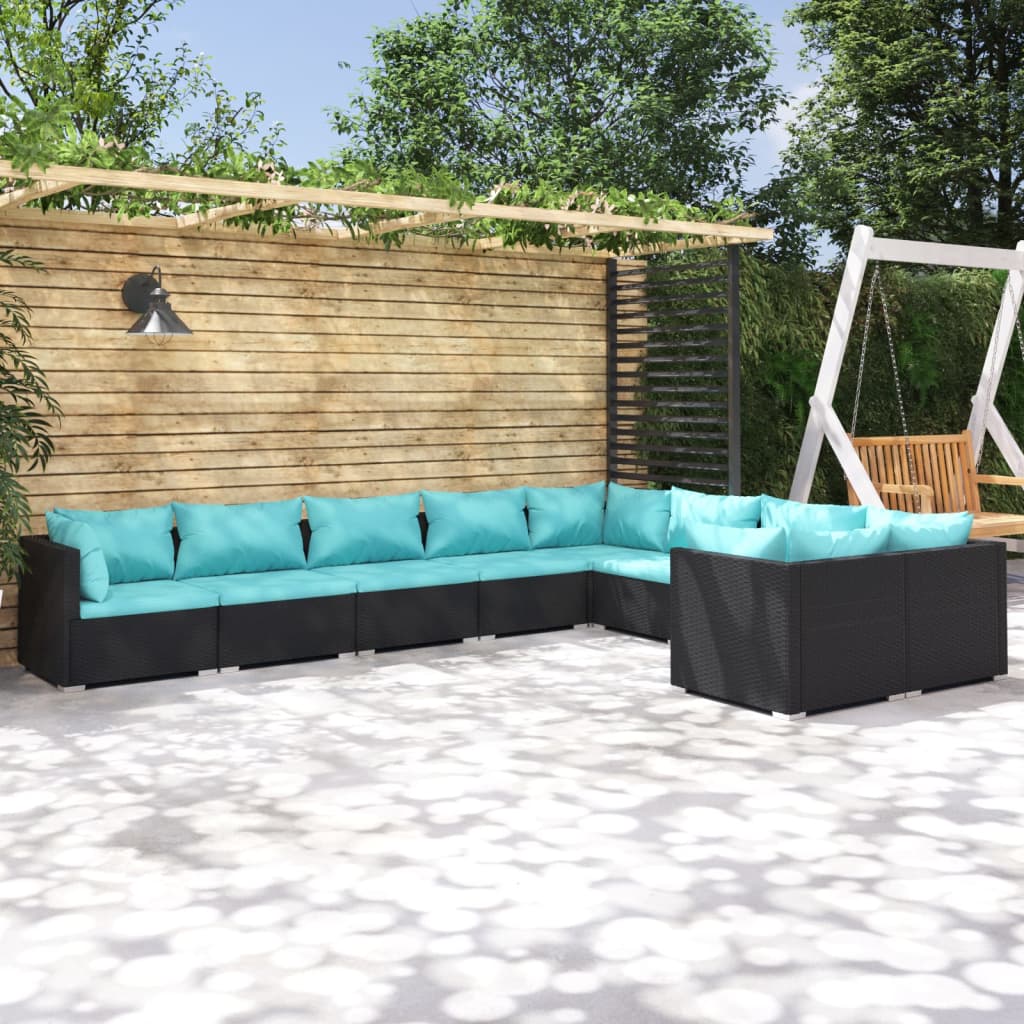 9-delige Loungeset met kussens poly rattan zwart