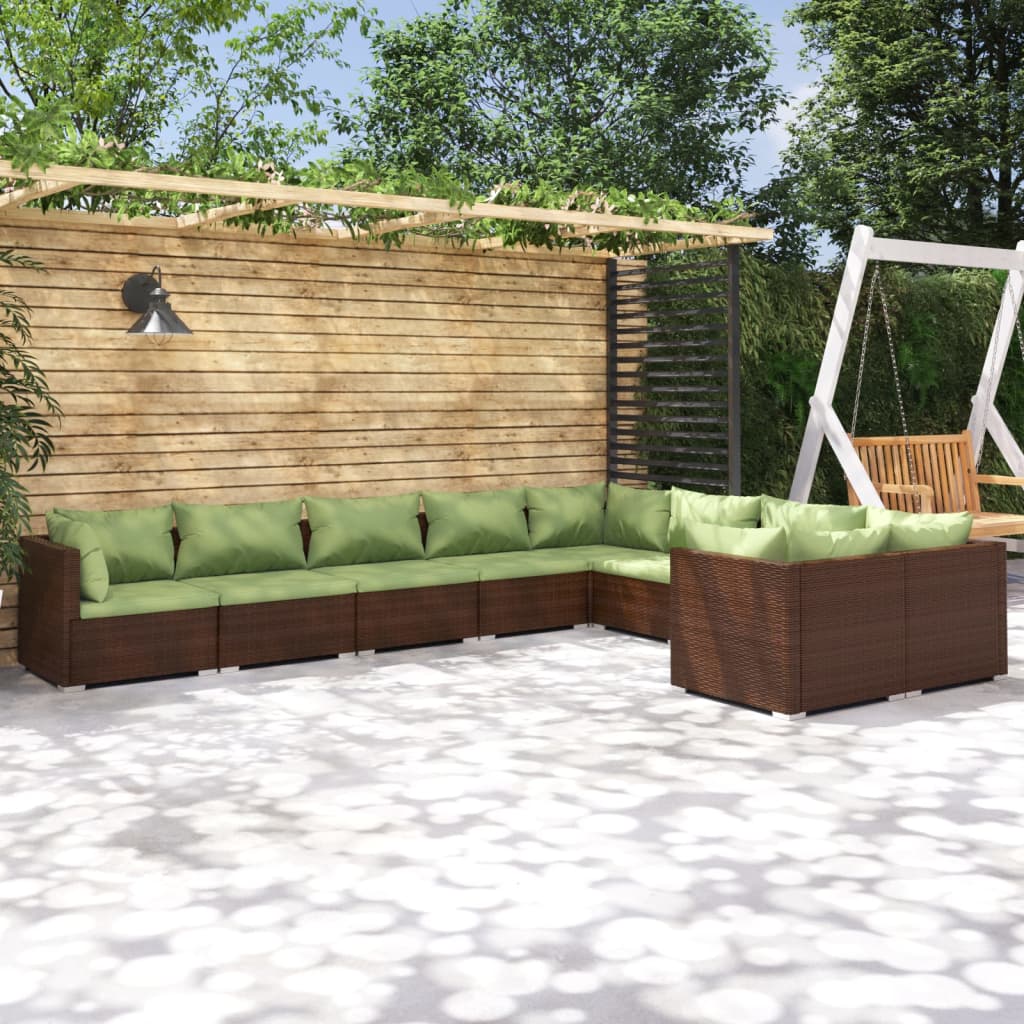 9-delige Loungeset met kussens poly rattan bruin