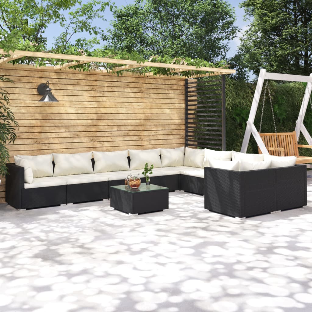 10-delige Loungeset met kussens poly rattan zwart – afbeelding 1