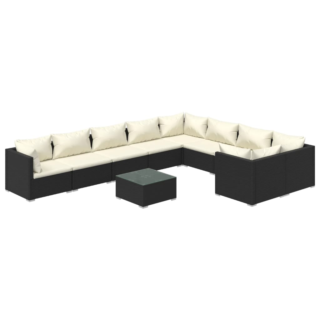 10-delige Loungeset met kussens poly rattan zwart – afbeelding 2