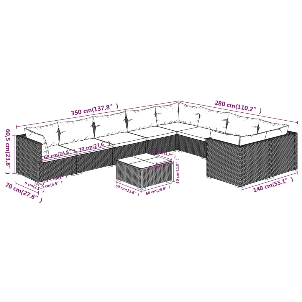 10-delige Loungeset met kussens poly rattan zwart – afbeelding 9