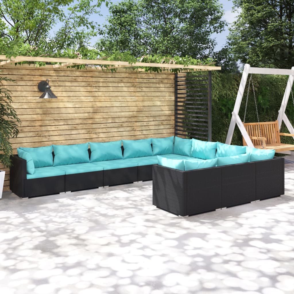 10-delige Loungeset met kussens poly rattan zwart
