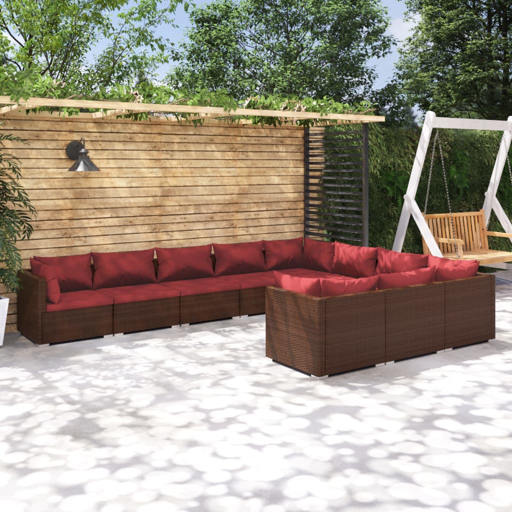 10-delige Loungeset met kussens poly rattan bruin
