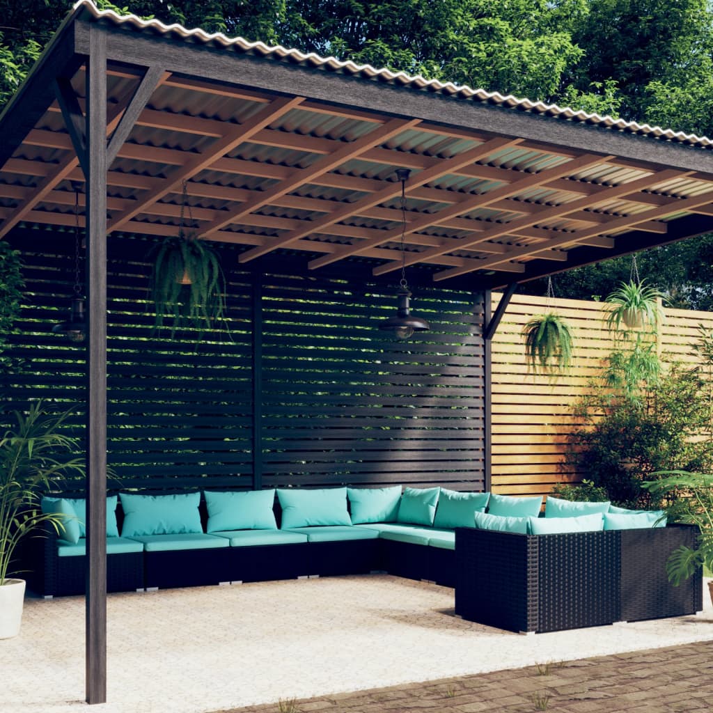 10-delige Loungeset met kussens poly rattan zwart