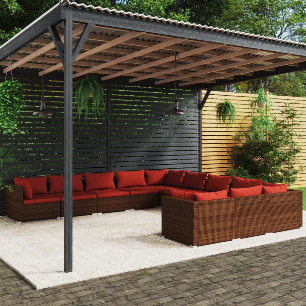 11-delige Loungeset met kussens poly rattan bruin – afbeelding 1