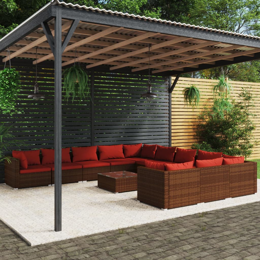 12-delige Loungeset met kussens poly rattan bruin – afbeelding 1