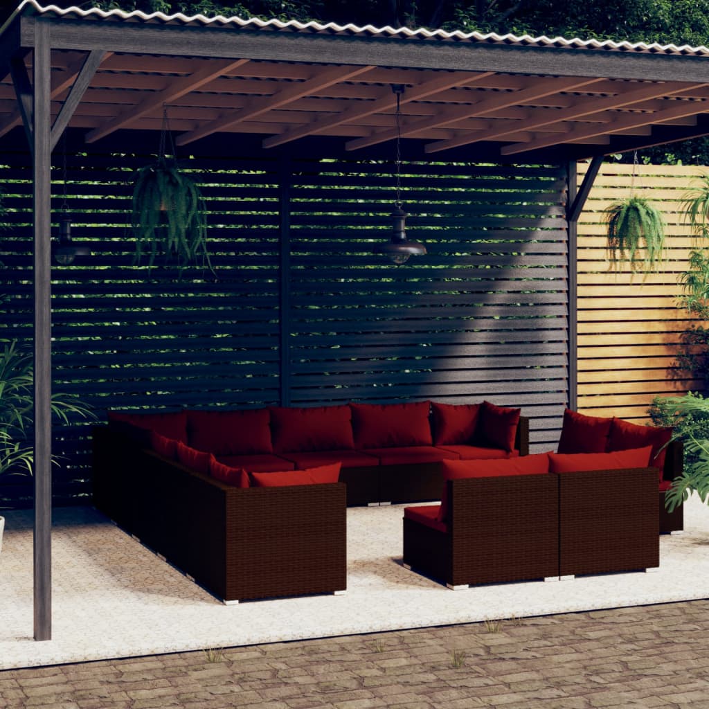 13-delige Loungeset met kussens poly rattan bruin – afbeelding 1