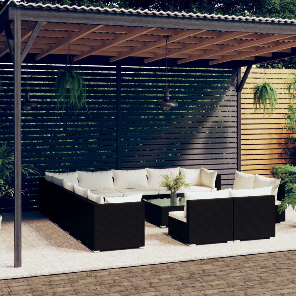 14-delige Loungeset met kussens poly rattan zwart – afbeelding 1