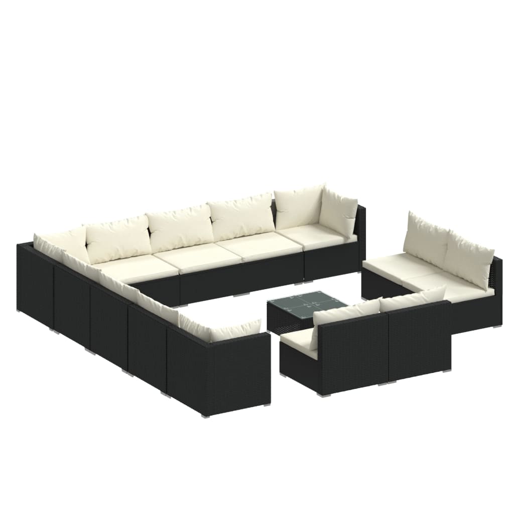 14-delige Loungeset met kussens poly rattan zwart – afbeelding 2