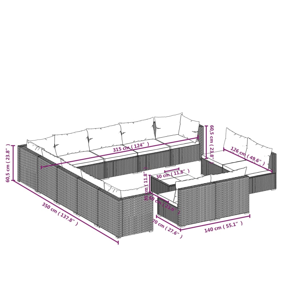 14-delige Loungeset met kussens poly rattan zwart – afbeelding 9