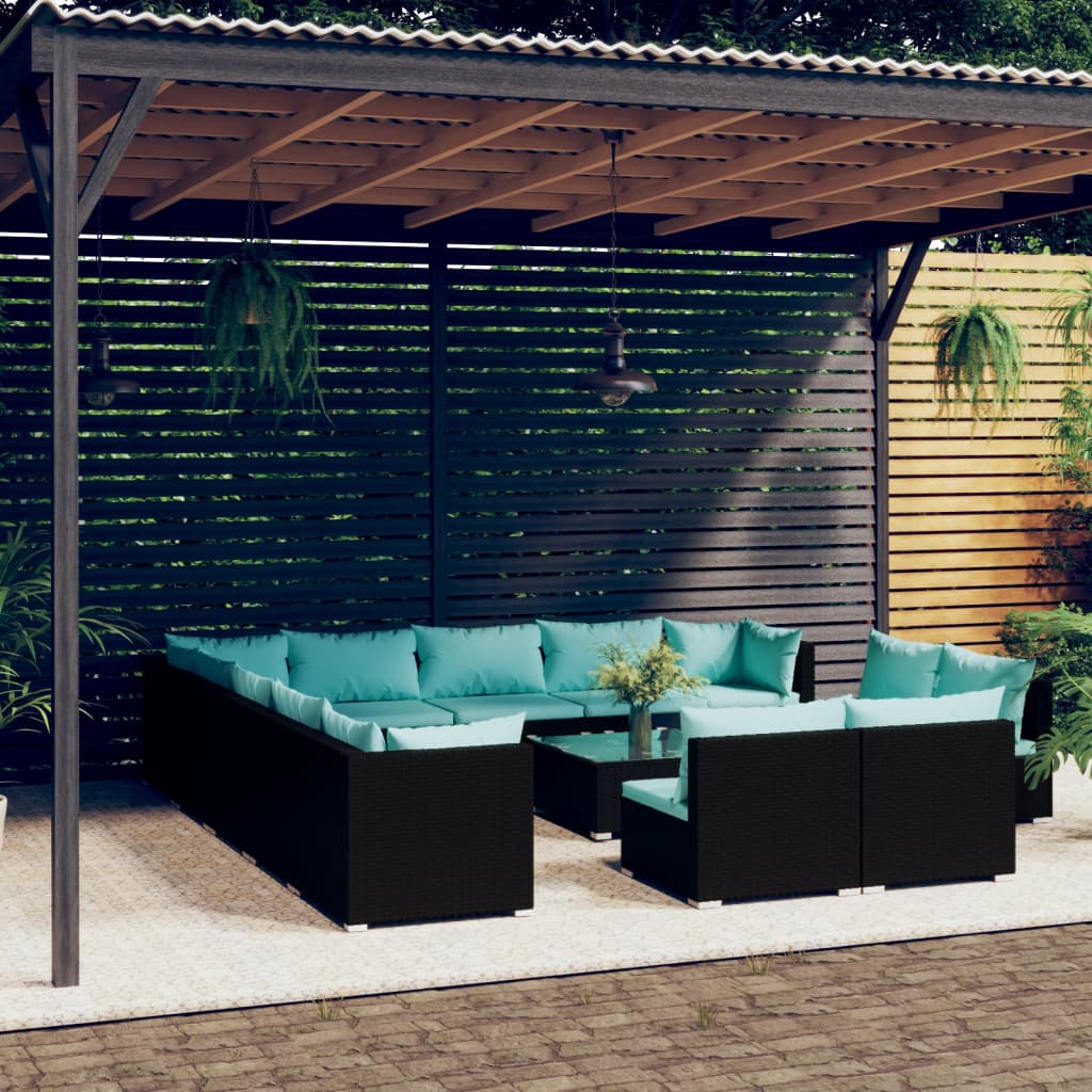14-delige Loungeset met kussens poly rattan zwart – afbeelding 1