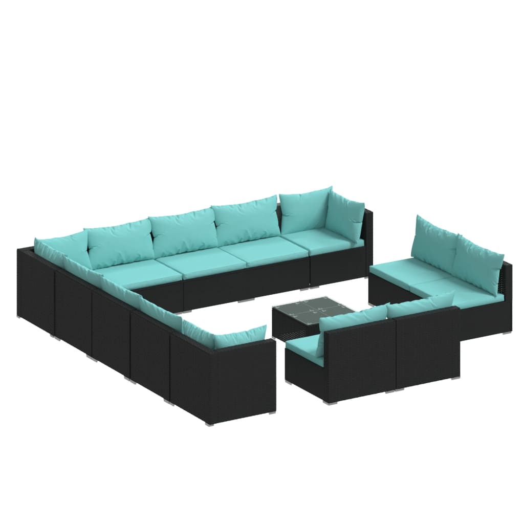 14-delige Loungeset met kussens poly rattan zwart – afbeelding 2