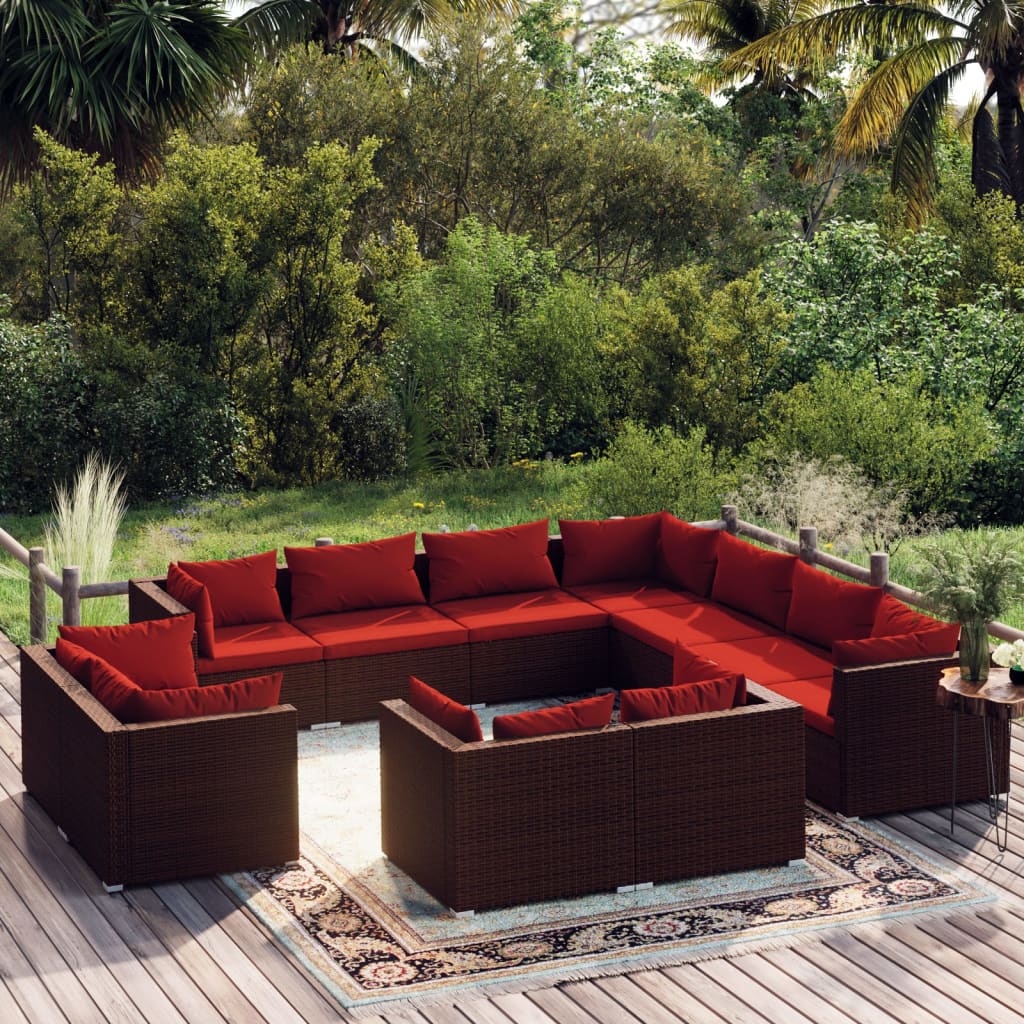 11-delige Loungeset met kussens poly rattan bruin – afbeelding 1