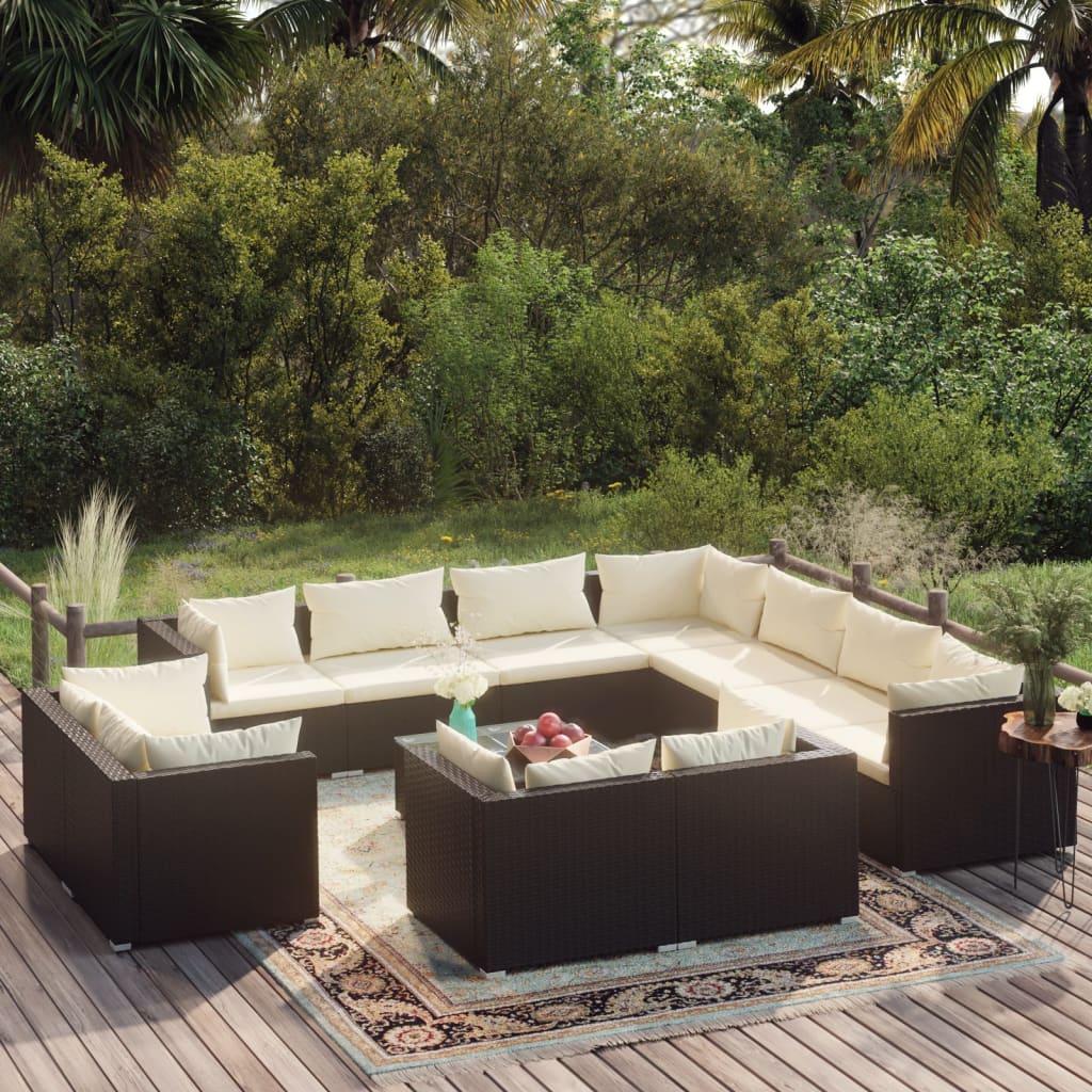 12-delige Loungeset met kussens poly rattan zwart – afbeelding 1