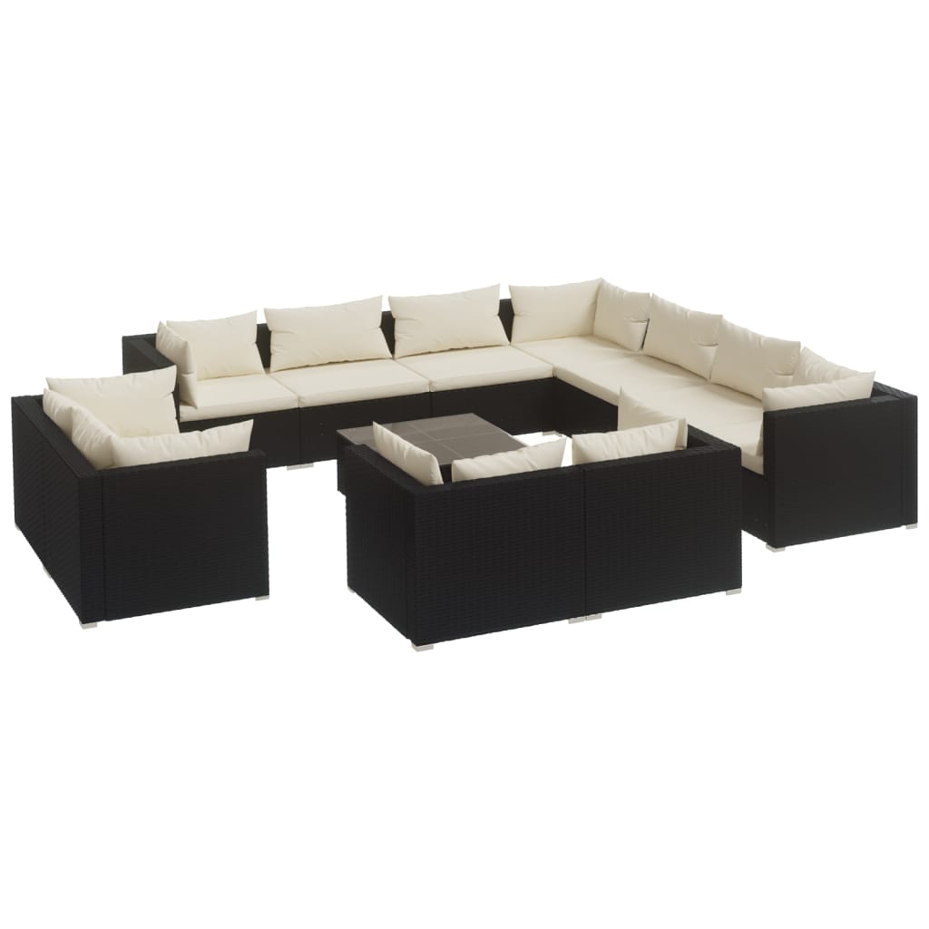 12-delige Loungeset met kussens poly rattan zwart – afbeelding 2