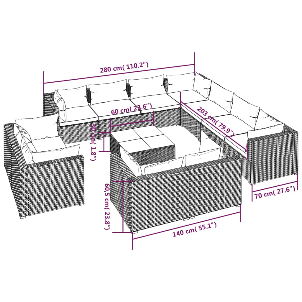 12-delige Loungeset met kussens poly rattan zwart – afbeelding 9