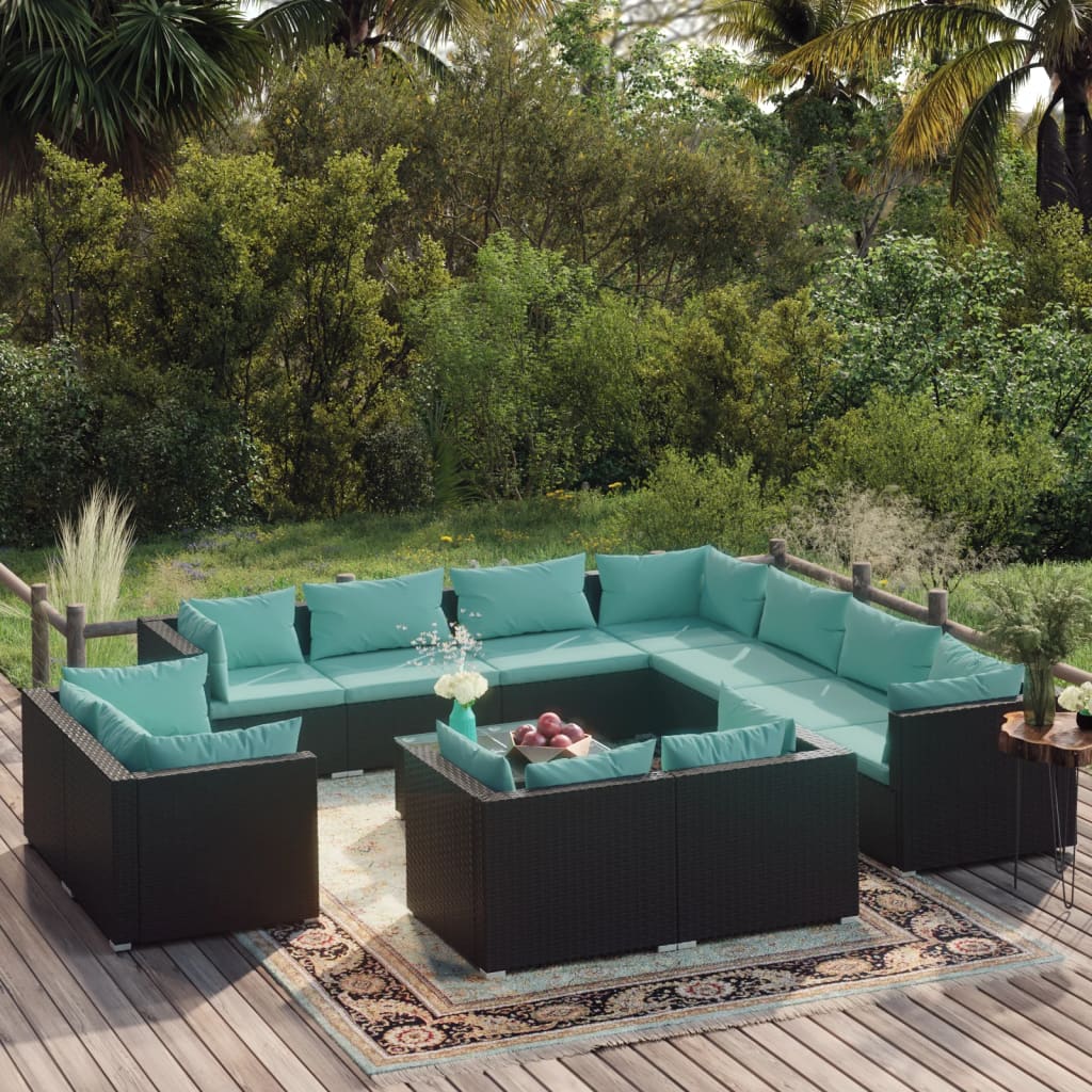 12-delige Loungeset met kussens poly rattan zwart – afbeelding 1