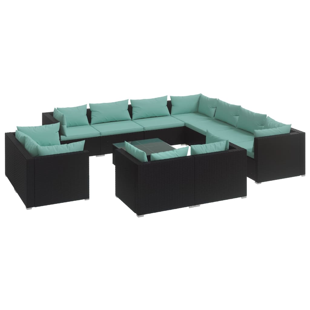 12-delige Loungeset met kussens poly rattan zwart – afbeelding 2