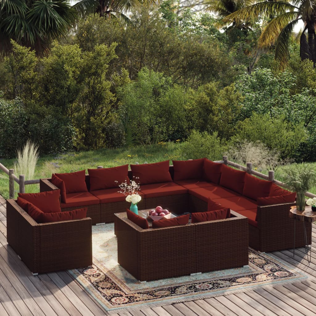 12-delige Loungeset met kussens poly rattan bruin – afbeelding 1