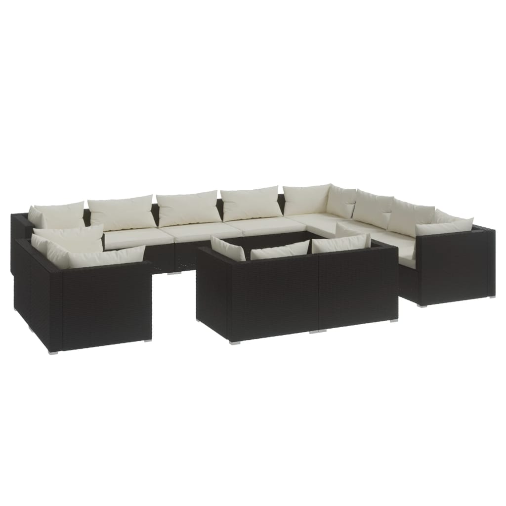 12-delige Loungeset met kussens poly rattan zwart – afbeelding 2