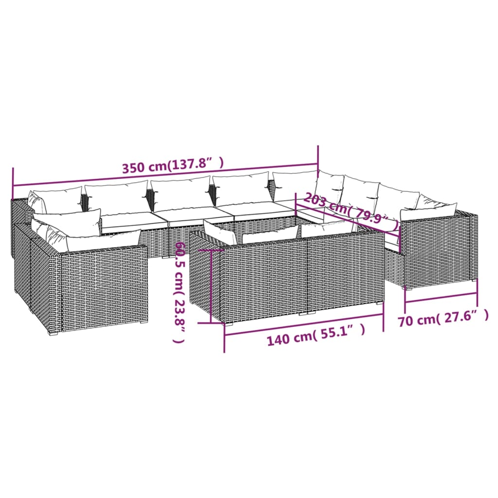 12-delige Loungeset met kussens poly rattan zwart – afbeelding 7