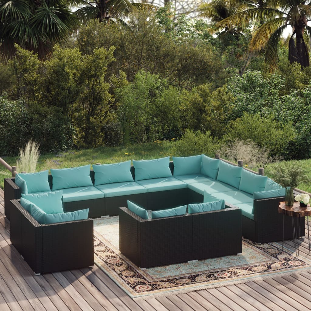 12-delige Loungeset met kussens poly rattan zwart – afbeelding 1