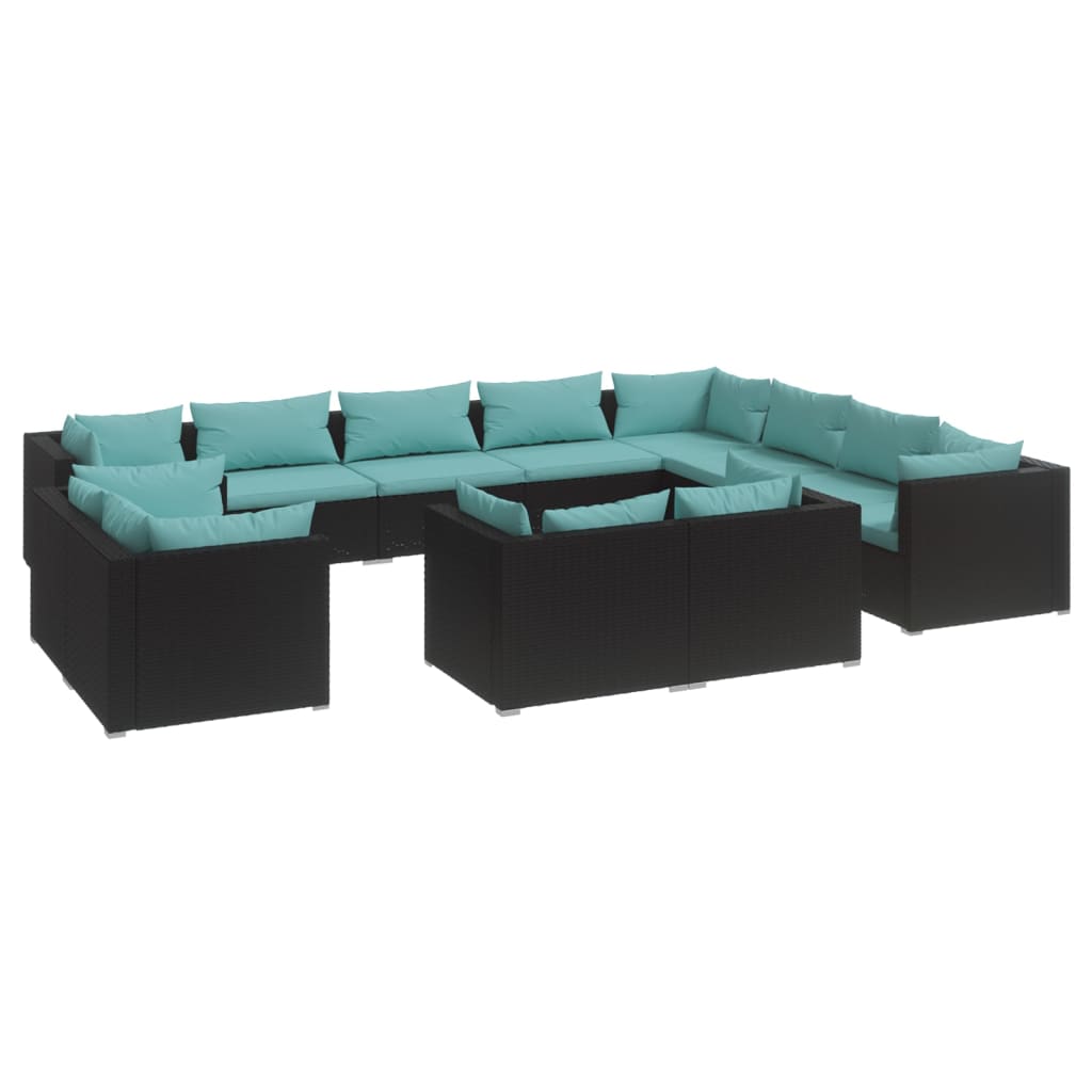 12-delige Loungeset met kussens poly rattan zwart – afbeelding 2