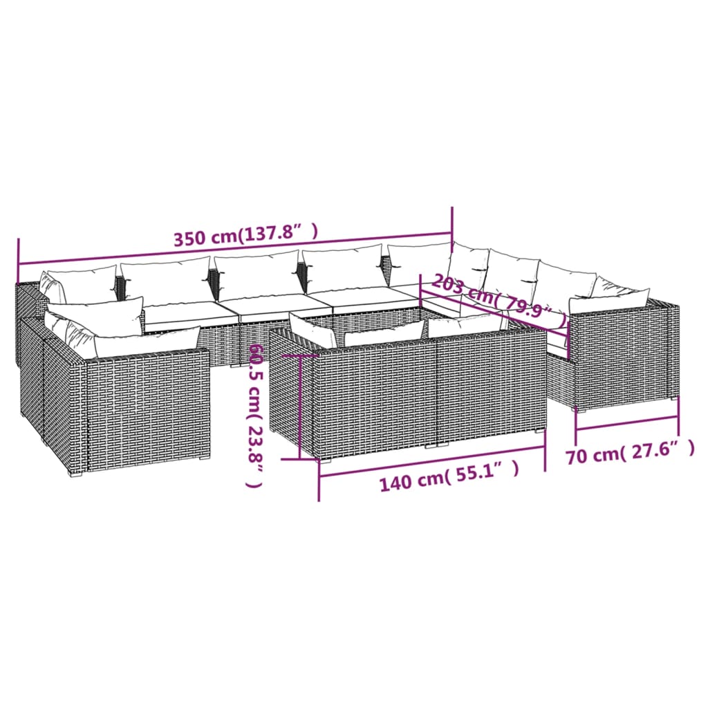 12-delige Loungeset met kussens poly rattan zwart – afbeelding 7