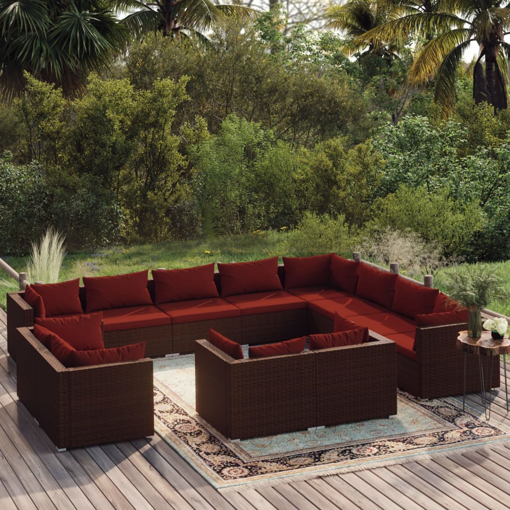 12-delige Loungeset met kussens poly rattan bruin – afbeelding 1