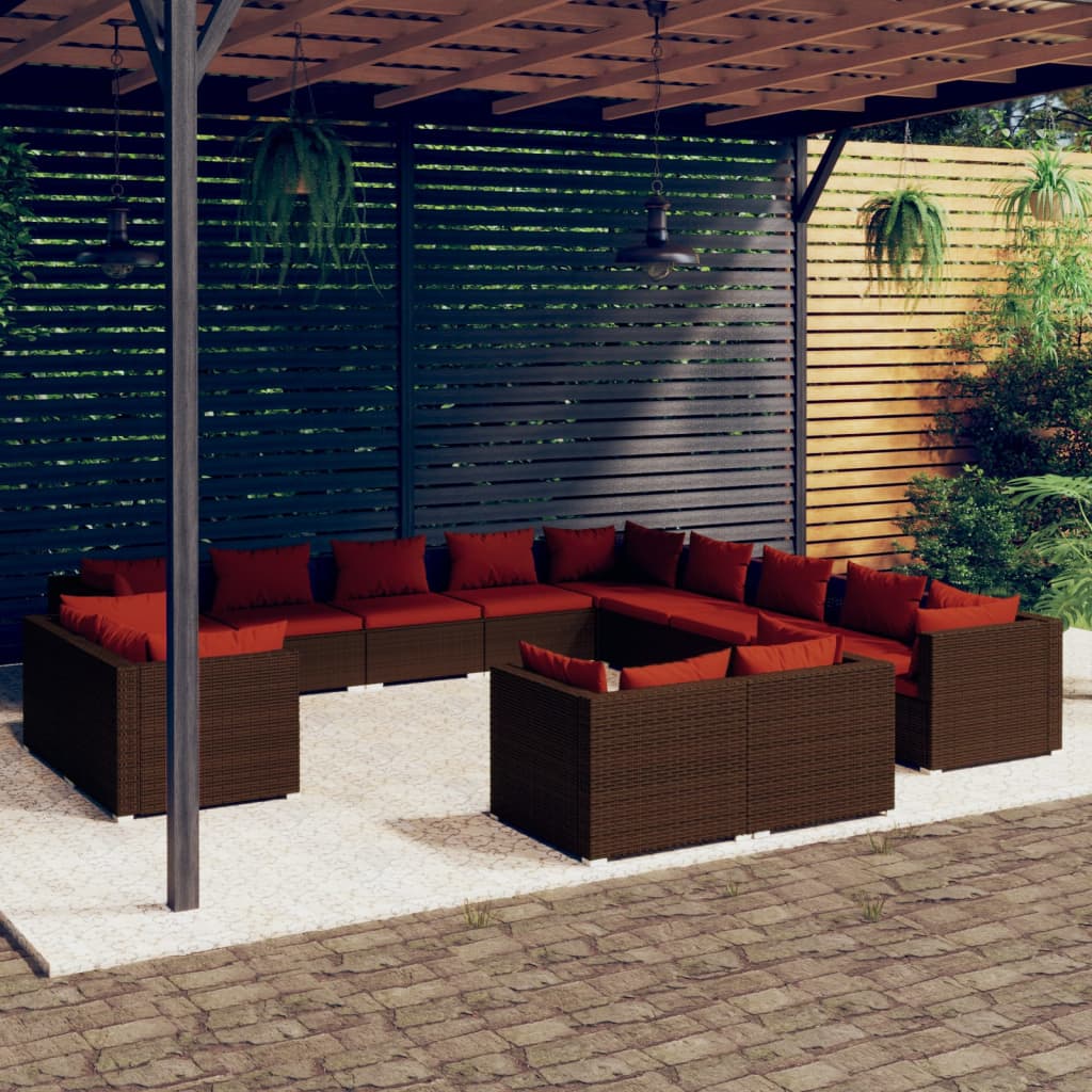 13-delige Loungeset met kussens poly rattan bruin – afbeelding 1