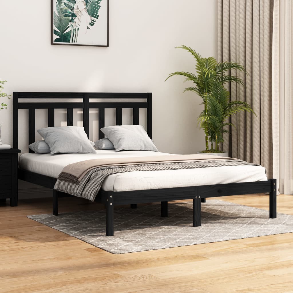 Bedframe massief hout zwart 150x200 cm – afbeelding 1