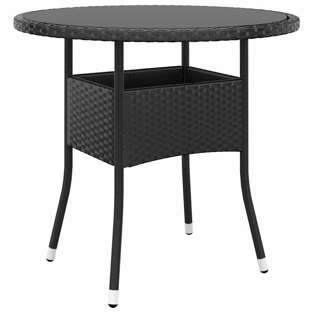 Tuintafel Ø80x75 cm gehard glas en poly rattan zwart – afbeelding 1