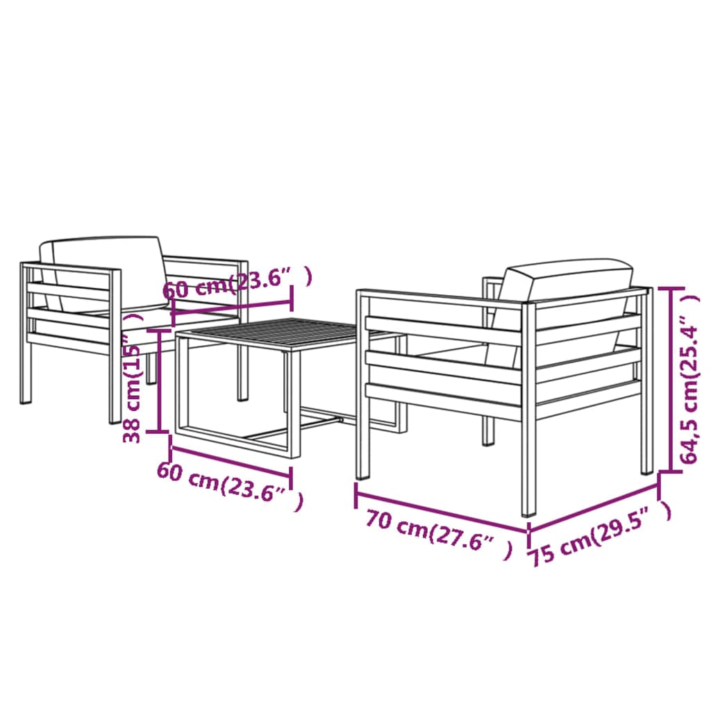 3-delige Loungeset met kussens aluminium antracietkleurig – afbeelding 7