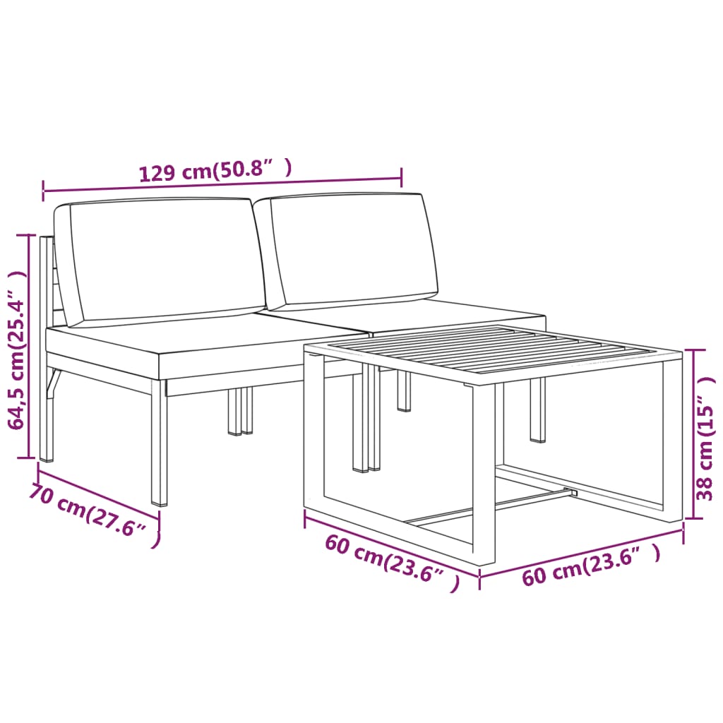 3-delige Loungeset met kussens aluminium antracietkleurig – afbeelding 7