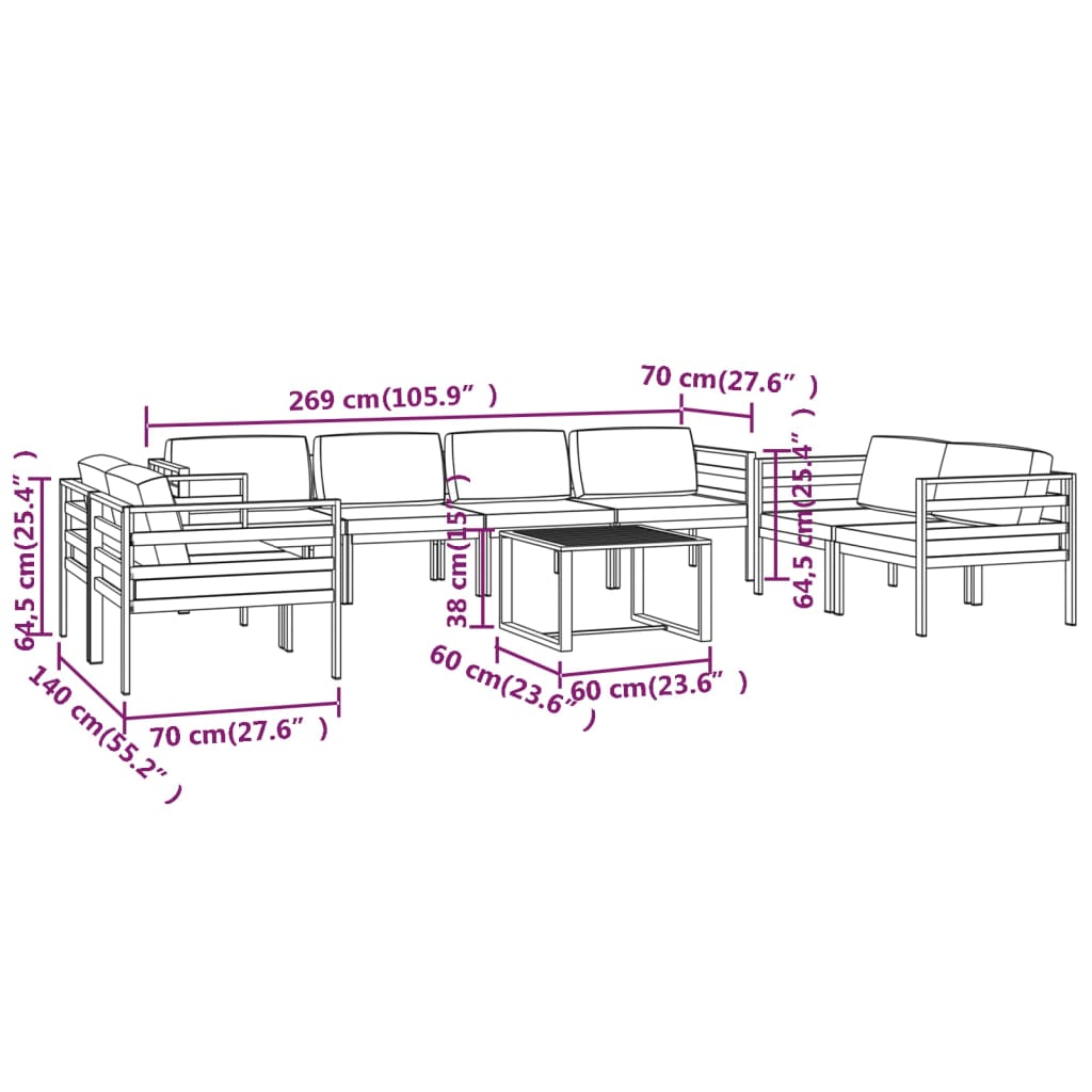9-delige Loungeset met kussens aluminium antracietkleurig – afbeelding 9