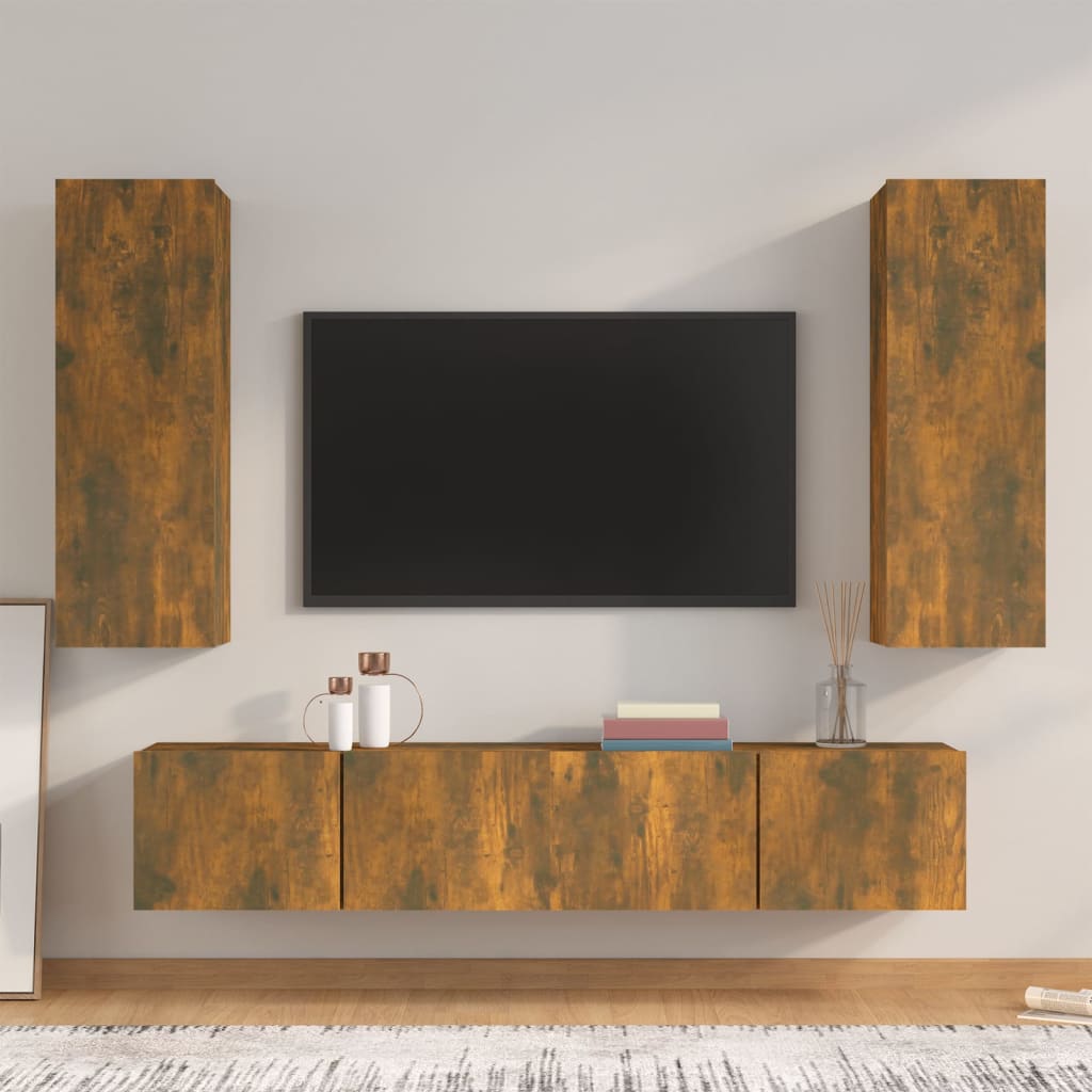 4-delige Tv-meubelset bewerkt hout gerookt eikenkleurig – afbeelding 1