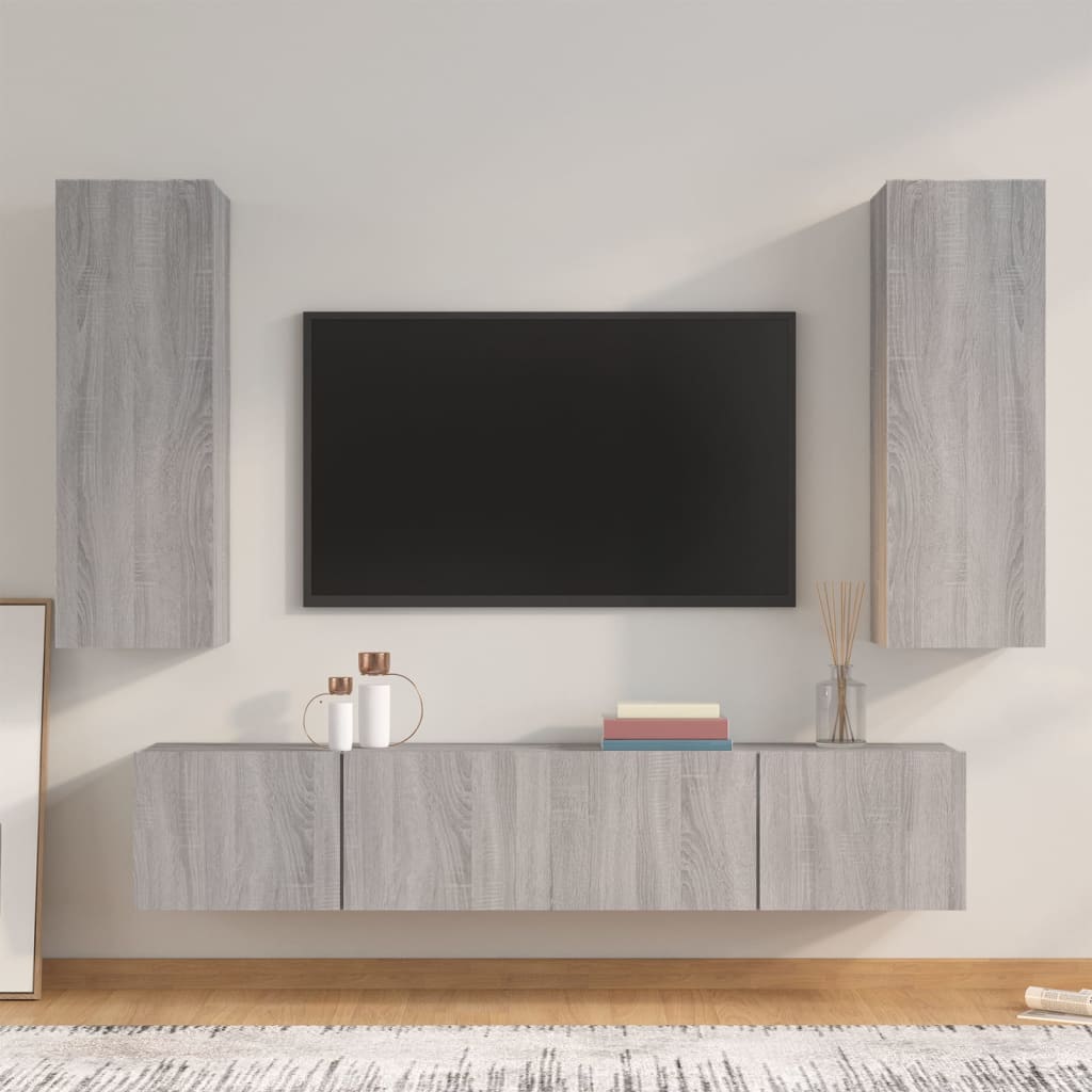 4-delige Tv-meubelset bewerkt hout grijs sonoma eikenkleurig