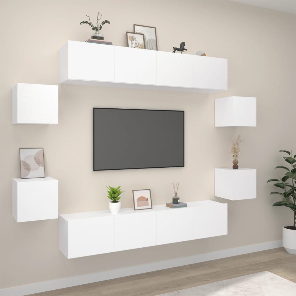 8-delige Tv-meubelset bewerkt hout wit – afbeelding 1