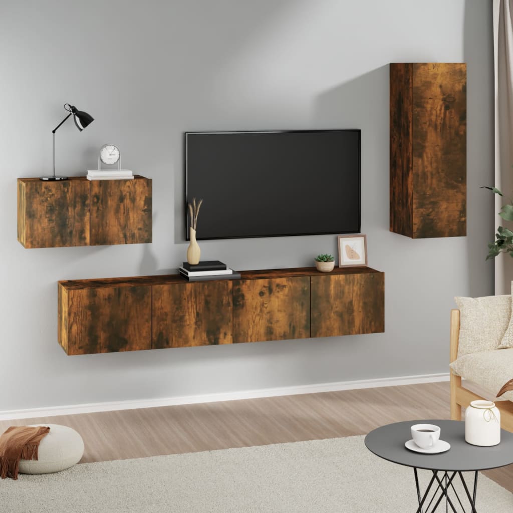 4-delige Tv-meubelset bewerkt hout gerookt eikenkleurig – afbeelding 1