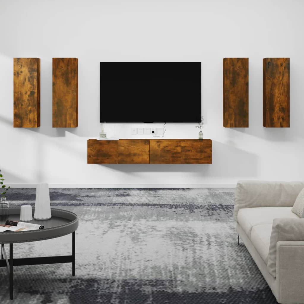 6-delige Tv-meubelset bewerkt hout gerookt eikenkleurig – afbeelding 1