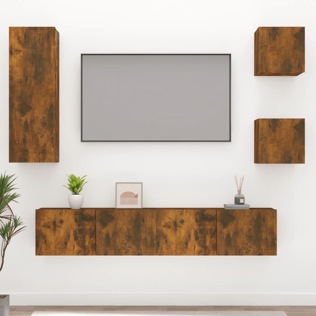 5-delige Tv-meubelset bewerkt hout gerookt eikenkleurig – afbeelding 1