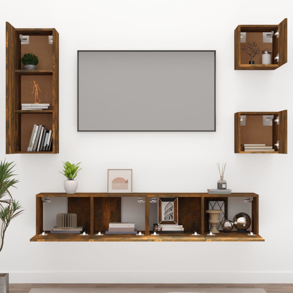 5-delige Tv-meubelset bewerkt hout gerookt eikenkleurig – afbeelding 3