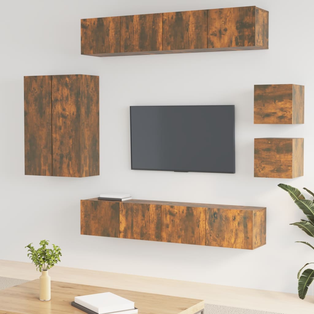 8-delige Tv-meubelset bewerkt hout gerookt eikenkleurig – afbeelding 1
